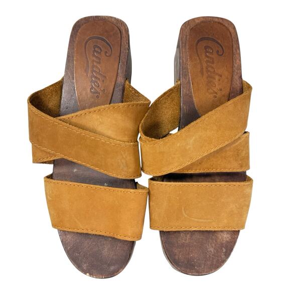 Candies Chunky Sandals Size 7 Vintage Y2K Wooden Clog Platform Camel Tan Leather - Picture 5 of 9